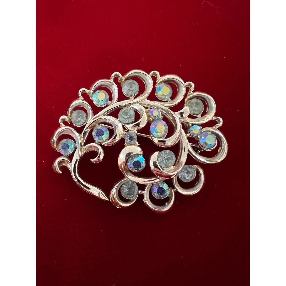 Vintage Coro AB Rhinestones Gold Tone Floral Brooch Pin